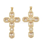 Brass Micro Pave Cubic Zirconia Pendants, Octagon Shaped Cross Charms, Cadmium Free & Lead Free, Golden, Clear, 45.5x26x4.5mm, Hole: 5mm(CU-CBADC6C-13G-02)