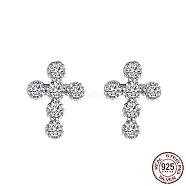 Cross Rhodium Plated 925 Sterling Silver Cubic Zirconia Stud Earrings for Women, with S925 Stamp, Real Platinum Plated, 9mm(EJEW-P231-37P)