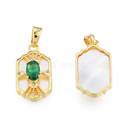 Brass Micro Pave Clear Cubic Zirconia Pendants, with Shell and Glass, Real 18K Gold Plated, Nickel Free, Hexagon, Green, 18x10x5.5mm, Hole: 2.5x4mm(KK-N233-422)