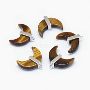 Natural Tiger Eye Pendants, with Long-Lasting Plated Brass Findings, Moon, Silver Color Plated, 21x22x7mm, Hole: 1.2mm(G-F584-I05-S)