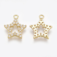 Cubic Zirconia Charms, with Brass Findings, Star, Clear, Real 18K Gold Plated, 15x13x2.5mm, Hole: 1.5mm(KK-S348-155)