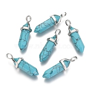 Dyed Synthetic Turquoise Pointed Pendants, with Platinum Tone Random Alloy Pendant Hexagon Bead Cap Bails, Bullet, 36~40x12mm, Hole: 3x4mm, Gemstone: 8mm in diameter(G-F295-03A)