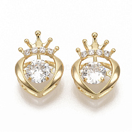 Brass Micro Pave Clear Cubic Zirconia Charms, Nickel Free, Heart with Crown, Real 18K Gold Plated, 13.5x10x5.5mm, Hole: 2x4.5mm(ZIRC-T011-20G-NF)