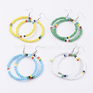 Seed Beads Basketball Wives Hoop Earrings, with Brass Earring Hooks, Ring, Platinum, Mixed Color, 75mm, pin: 0.6mm(EJEW-JE02601)