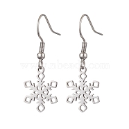 Non-Tarnish Hollow Christmas Snowflake 201 Stainless Steel Dangle Earrings for Women, Stainless Steel Color, 35x12.8mm(EJEW-JE05875)