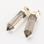 Natural Smoky Quartz Pointed Pendants, with Brass Findings, Bullet, Golden, 28~29x6~7mm, Hole: 4x6mm(X-G-G737-32E-G)