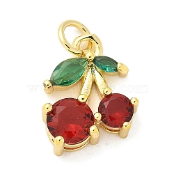 Brass Micro Pave Cubic Zirconia Pendants, Fruits, Rack Plating, Long-Lasting Plated, Lead Free & Cadmium Free, with Jump Ring, Real 18K Gold Plated, Cherry, 14.5x12.5x5mm, Hole: 3mm(KK-S511-03B-G)