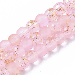 Frosted Spray Painted Glass Beads Strands, with Golden Foil, Round, Pink, 4~5mm, Hole: 0.9~1.2mm, about 95~103pcs/Strand, 13.78 inch~14.88 inch(35~37.8cm)(GLAA-N035-03A-C06)
