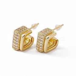 Clear Cubic Zirconia Square Stud Earrings, Brass Half Hoop Earrings for Women, Lead Free & Cadmium Free, Real 18K Gold Plated, 13.5x13.5x8mm, Pin: 0.9mm(EJEW-I270-04G)