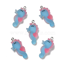Opaque Resin Pendants, with Platinum Tone Iron Loops, Frosted, Sea Horse, Deep Sky Blue, 34x17x5.5mm, Hole: 2mm(RESI-D055-093P)