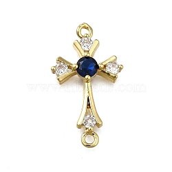 Brass Blue Cubic Zirconia Cross Connector Charms, Long-Lasting Plated, Rack Plating, Lead Free & Cadmium Free, Real 18K Gold Plated, 23x13x3.5mm, Hole: 1.2mm(ZIRC-I070-012G)