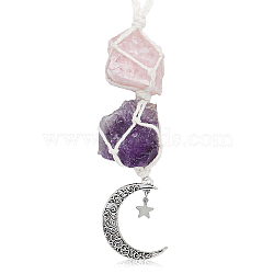 Natural Raw Rose Quartz & Amethyst Pendant Decoration, Cord Macrame Car Hanging Ornament, with Alloy Moon & Star, 120mm(HJEW-WH0043-21B)