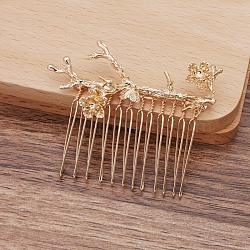 Iron Hair Comb Findings, with Alloy Branch and Flower, Light Gold, 29x62mm(OHAR-PW0001-420KCG)