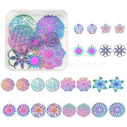 24Pcs 12 Style Ion Plating(IP) 201 Stainless Steel Filigree Pendants, Etched Metal Embellishments, Flower & Dandelion & Ring, Rainbow Color, 18~44x22~39.5x0.2~0.4mm, hole: 1.2~1.6mm, 2pcs/style(STAS-SZ0002-16)