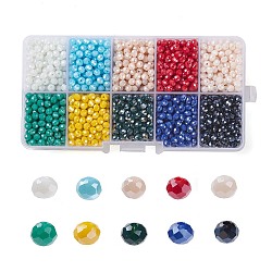 Electroplate Glass Beads, Pearl Luster Plated, Faceted, Rondelle, Mixed Color, 4x3mm, Hole: 0.4mm, 10colors, 200pcs/color, 2000pcs/box(EGLA-X0006-01F-4mm)