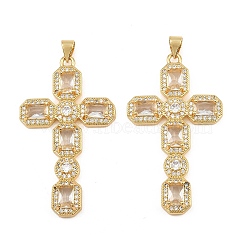 Brass Micro Pave Cubic Zirconia Pendants, Octagon Shaped Cross Charms, Cadmium Free & Lead Free, Golden, Clear, 45.5x26x4.5mm, Hole: 5mm(CU-CBADC6C-13G-02)