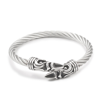 304 Stainless Steel Twist Rope Wrap Open Cuff Bangle with Cone Beaded for Women, Antique Silver, Inner Diameter: 2-1/4 inch(5.6cm)