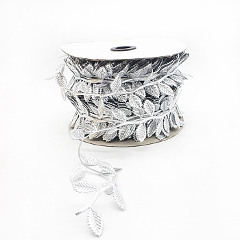 Polyester Imitation Leaf Ribbon, with Spool, Silver, 1-5/8 inch(42x0.5mm), about 27.34 Yards(25m)/Roll