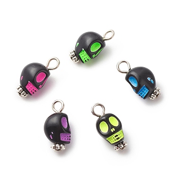 Skull Acrylic Pendants, with Alloy Findings, Mixed Color, Platinum, 16x18x8mm, Hole: 2mm