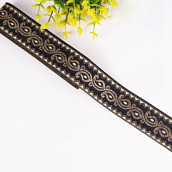 Flat Ethnic Style Embroidery Polyester Ribbons, Jacquard Ribbon, Garment Accessories, Black, 1-1/4 inch(33mm), about 7.66 Yards(7m)/pc