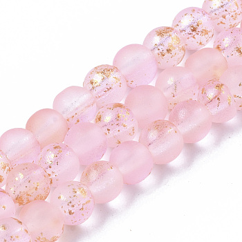 Frosted Spray Painted Glass Beads Strands, with Golden Foil, Round, Pink, 4~5mm, Hole: 0.9~1.2mm, about 95~103pcs/Strand, 13.78 inch~14.88 inch(35~37.8cm)