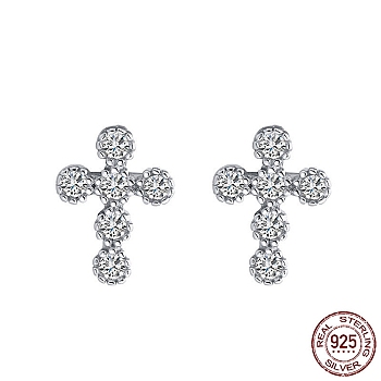 Cross Rhodium Plated 925 Sterling Silver Cubic Zirconia Stud Earrings for Women, with S925 Stamp, Real Platinum Plated, 9mm