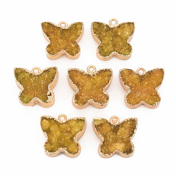 Natural Druzy Agate Pendants, with Light Gold Plated Iron Findings, Butterfly, Gold, 17~18x18~19x5~6.5mm, Hole: 1.6mm