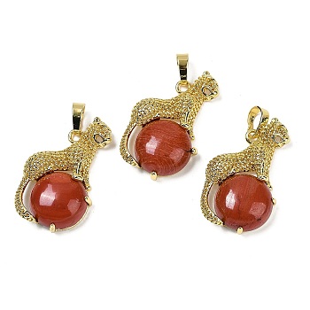 Natural Red Jasper Ball with Leopard Shape Brass Pendants, Rack Plating, Cadmium Free & Lead Free, Long-Lasting Plated, 35x22x6.5mm, Hole: 7x3.5mm