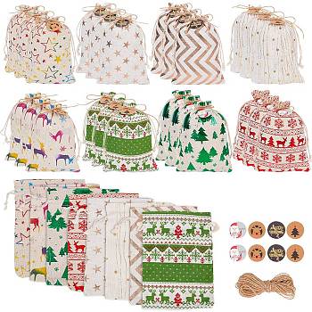 BENECREAT 32Pcs 8 Styles Christmas Rectangle Printed Cotton & Linen Candy Gift Drawstring Bags, for Gift Storage, with 32Pcs 4 Styles Paper Gift Tags and 1 Bundle Jute Cord, Mixed Patterns, Bag: 18x13x0.3cm, 4pcs/style, Gift Tags: 30x0.3mm, 8pcs/style