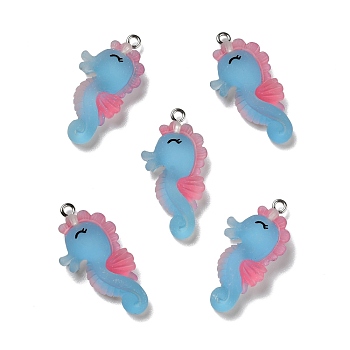 Opaque Resin Pendants, with Platinum Tone Iron Loops, Frosted, Sea Horse, Deep Sky Blue, 34x17x5.5mm, Hole: 2mm