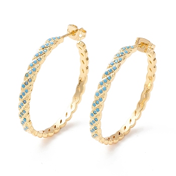 Cubic Zirconia C-shape Stud Earrings, Real 18K Gold Plated Brass Half Hoop Earrings for Women, Cadmium Free & Lead Free, Sky Blue, 37.5x37x3.5mm, Pin: 0.9mm