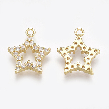 Cubic Zirconia Charms, with Brass Findings, Star, Clear, Real 18K Gold Plated, 15x13x2.5mm, Hole: 1.5mm