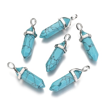 Dyed Synthetic Turquoise Pointed Pendants, with Platinum Tone Random Alloy Pendant Hexagon Bead Cap Bails, Bullet, 36~40x12mm, Hole: 3x4mm, Gemstone: 8mm in diameter