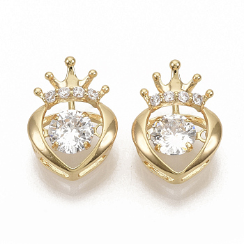 Brass Micro Pave Clear Cubic Zirconia Charms, Nickel Free, Heart with Crown, Real 18K Gold Plated, 13.5x10x5.5mm, Hole: 2x4.5mm