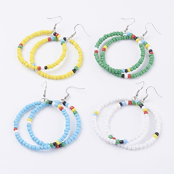 Seed Beads Basketball Wives Hoop Earrings, with Brass Earring Hooks, Ring, Platinum, Mixed Color, 75mm, pin: 0.6mm
