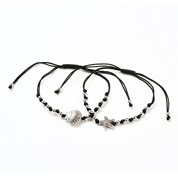 Adjustable Nylon Thread Braided Bead Bracelets Sets, with Brass Round Beads and Alloy Starfish & Shell Shape Beads, Antique Silver & Platinum, Black, Inner Diameter: 2-1/8~3-3/8 inch(5.3~8.7cm), 2pcs/set.
