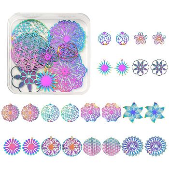 24Pcs 12 Style Ion Plating(IP) 201 Stainless Steel Filigree Pendants, Etched Metal Embellishments, Flower & Dandelion & Ring, Rainbow Color, 18~44x22~39.5x0.2~0.4mm, hole: 1.2~1.6mm, 2pcs/style
