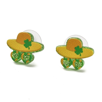 Saint Patrick's Day Theme Acrylic & 304 Stainless Steel Stud Earring for Women Men, Hat, 12x14.5mm