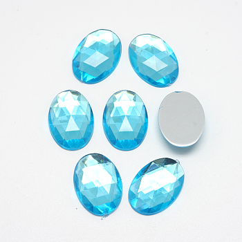 Acrylic Rhinestone Flat Back Cabochons, Faceted, Bottom Silver Plated, Oval, Cyan, 18x13x4.5mm
