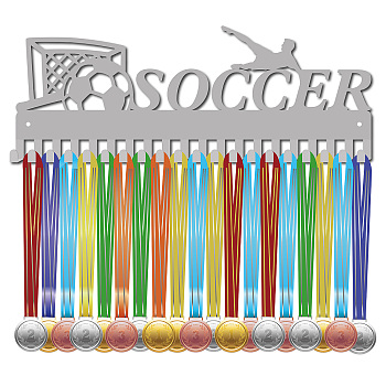 Fashion Iron Medal Hanger Holder Display Wall Rack, 20 Hooks, with Screws, Word Soccer, Football Pattern, 150x400mm
