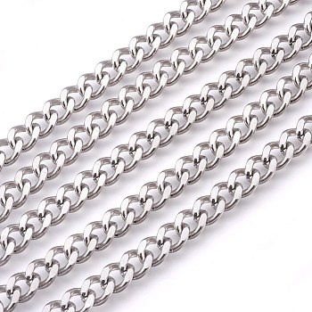 201 Stainless Steel Curb Chains, Unwelded, Faceted, Stainless Steel Color, 7mm
