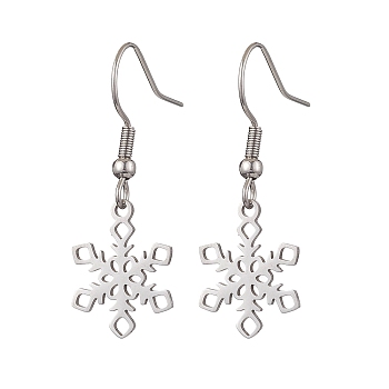 Non-Tarnish Hollow Christmas Snowflake 201 Stainless Steel Dangle Earrings for Women, Stainless Steel Color, 35x12.8mm