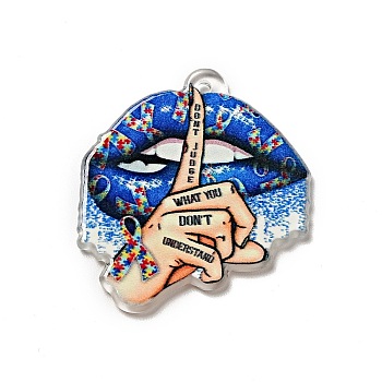 Printed Acrylic Pendants, Lips Finger with Word Don't Jugde What You Don't Understand Charms, 34x31x2mm, Hole: 1.8mm