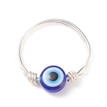 Resin Evil Eye Beaded Finger Ring, Copper Wire Wrap Jewelry for Women, Silver, US Size 10 1/2(20.1mm)