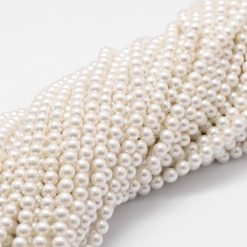 Shell Pearl Bead Strands, Grade A, Round, White, 4mm, Hole: 1mm, about 95pcs/strand, 16 inch