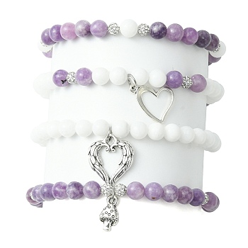 4Pcs 4 Style Natural Mixed Gemstone Beaded Stretch Bracelets Set, Heart & Mushroom Alloy Charms Stackable Bracelets, Inner Diameter: 2 inch(5.2cm), 1Pc/style