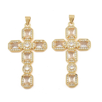 Brass Micro Pave Cubic Zirconia Pendants, Octagon Shaped Cross Charms, Cadmium Free & Lead Free, Golden, Clear, 45.5x26x4.5mm, Hole: 5mm