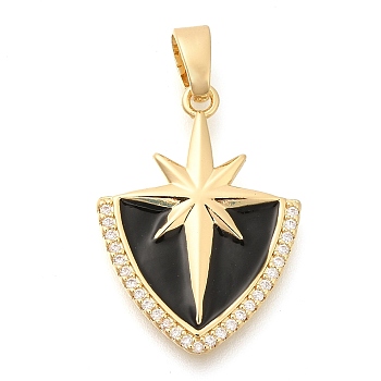 Brass Micro Pave Cubic Zirconia Pendants, with Enamel, Astral Shield Charms, with Jump Ring, Black, 24.5x18x2.5mm, Hole: 3.5x6mm