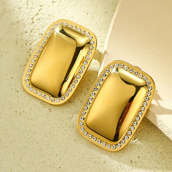 304 Stainless Steel Stud Earrings, with Rhinestone, Jewelry for Women, Real 18K Gold Plated, Rectangle, 37.5x26.5mm