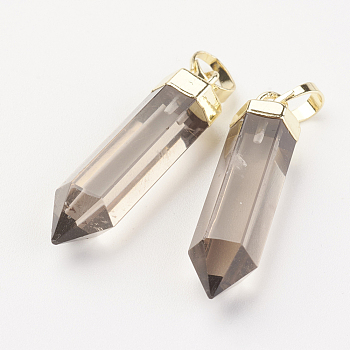 Natural Smoky Quartz Pointed Pendants, with Brass Findings, Bullet, Golden, 28~29x6~7mm, Hole: 4x6mm